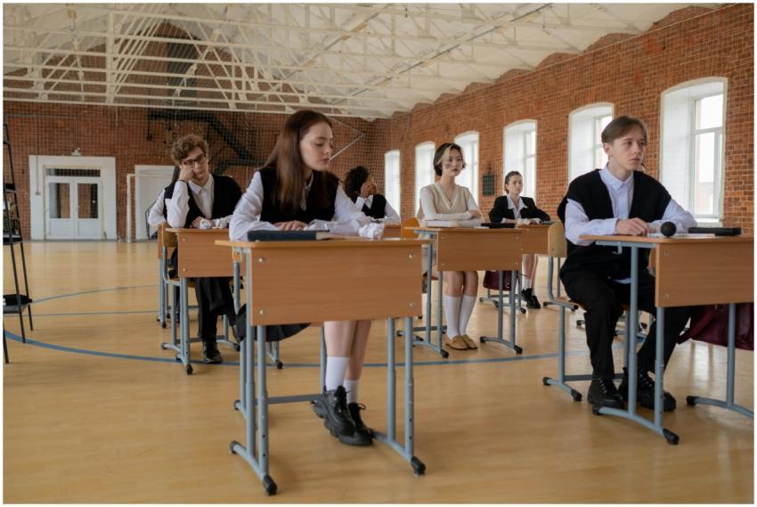 Students in school uniforms studying attentively i
