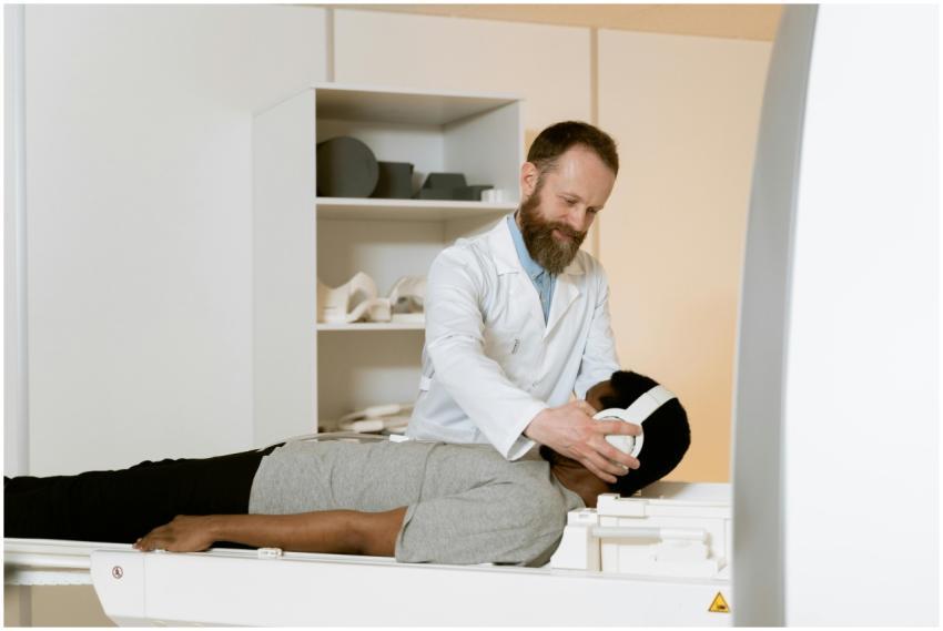 A medical professional prepares a patient for an M