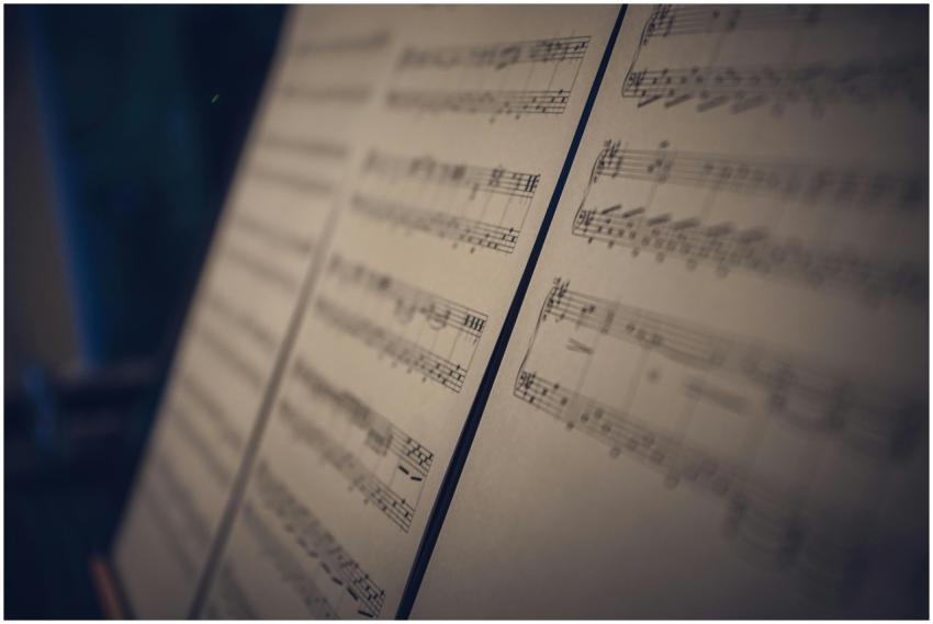 Close-up image of musical sheet music in soft focu