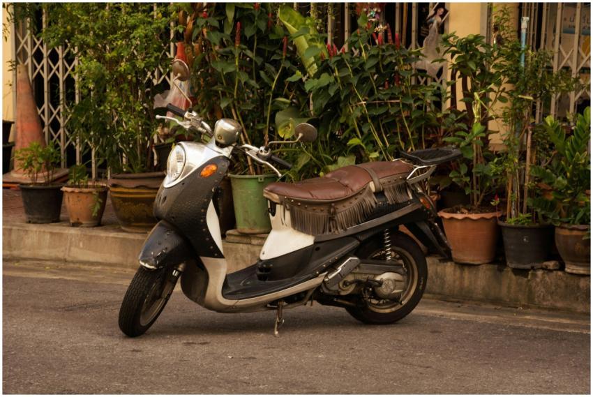 Classic vintage motor scooter parked outside surro