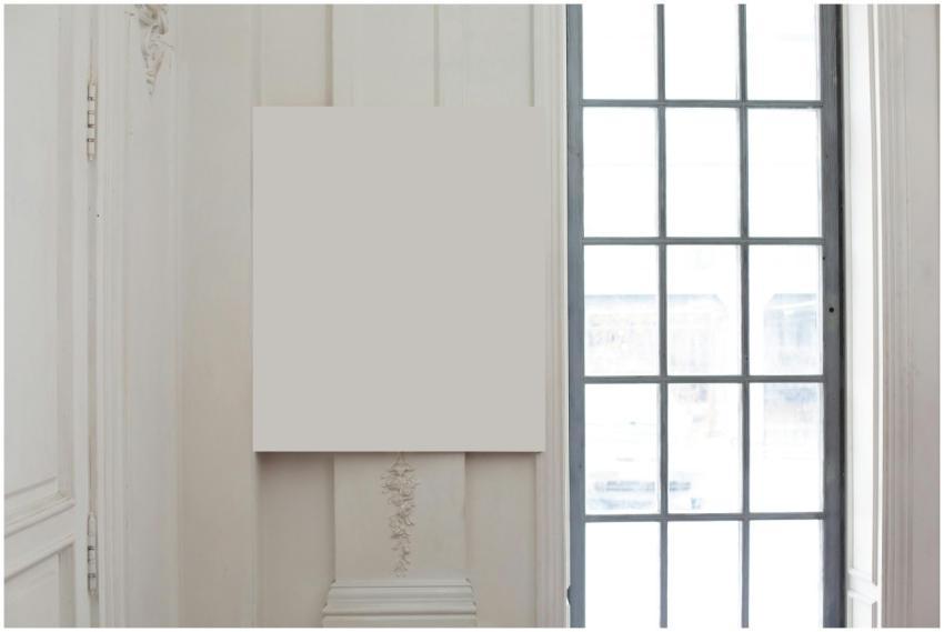 A white canvas on an ornate wall next to a large w