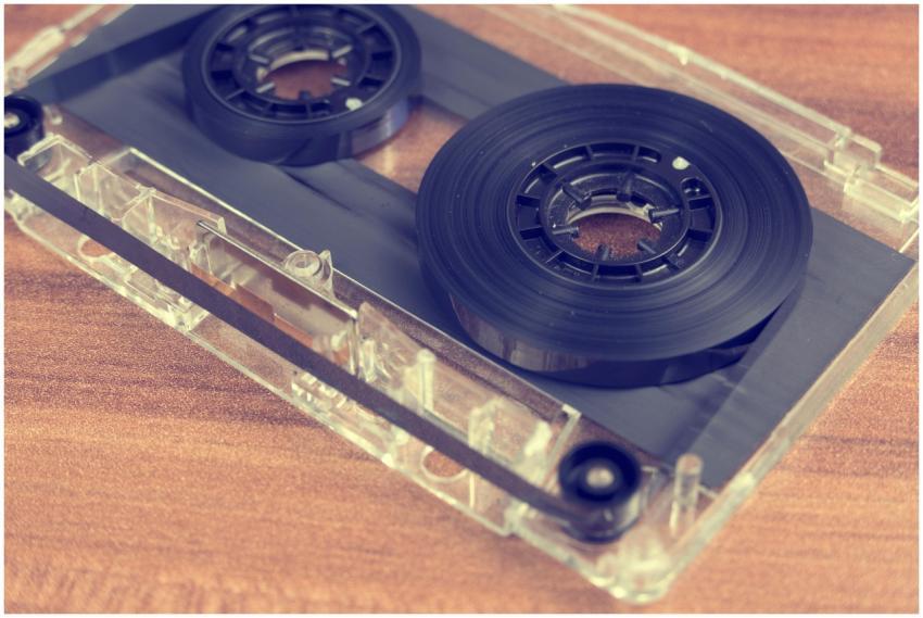 Detailed close-up of a retro audio cassette tape o