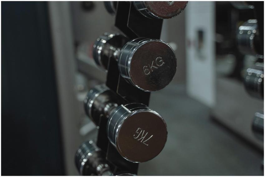 Metal dumbbells neatly arranged in a gym setting,