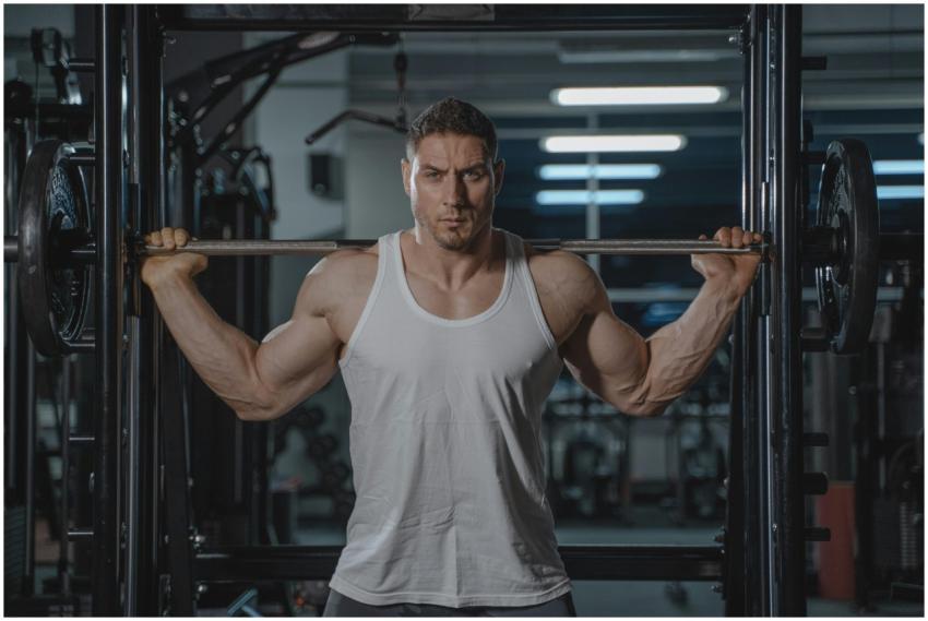 A strong, muscular man in a white tank top lifting