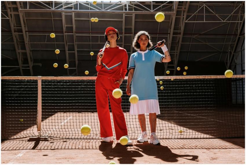Energetic shot of two athletes posing with tennis