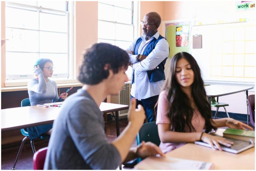 Students interacting in a college classroom, guide