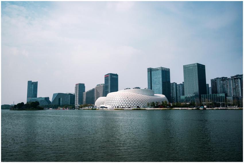 A modern city skyline with unique architecture and