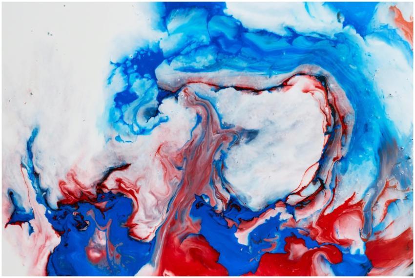 Dynamic abstract artwork with swirling red and blu