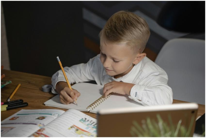A young boy engaged in writing homework at a desk.