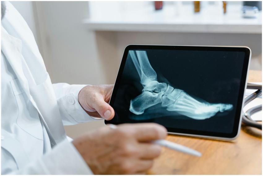 Doctor examining a foot X-ray image on a digital t