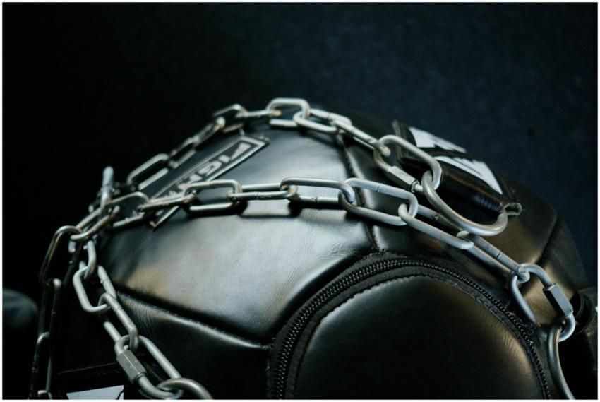 Close-up of heavy-duty gym equipment wrapped in me