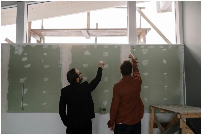 Two men discussing and pointing at an interior wal