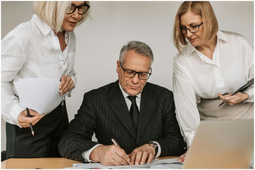 Senior professionals in an office setting reviewin