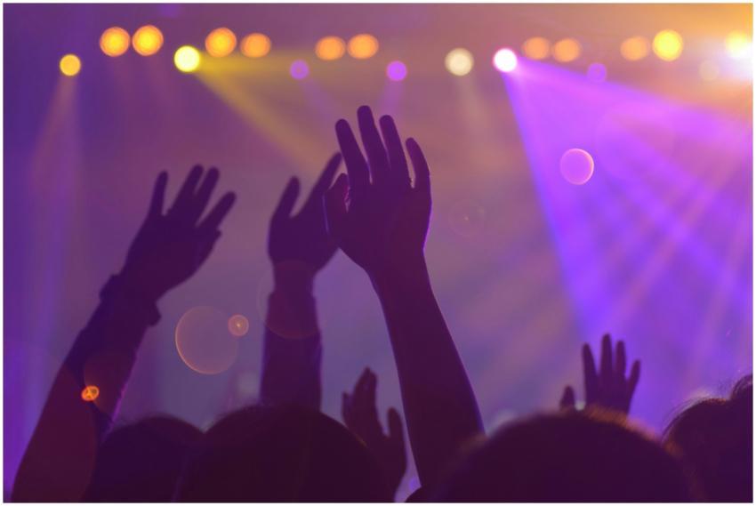 Silhouettes of a lively audience with raised hands
