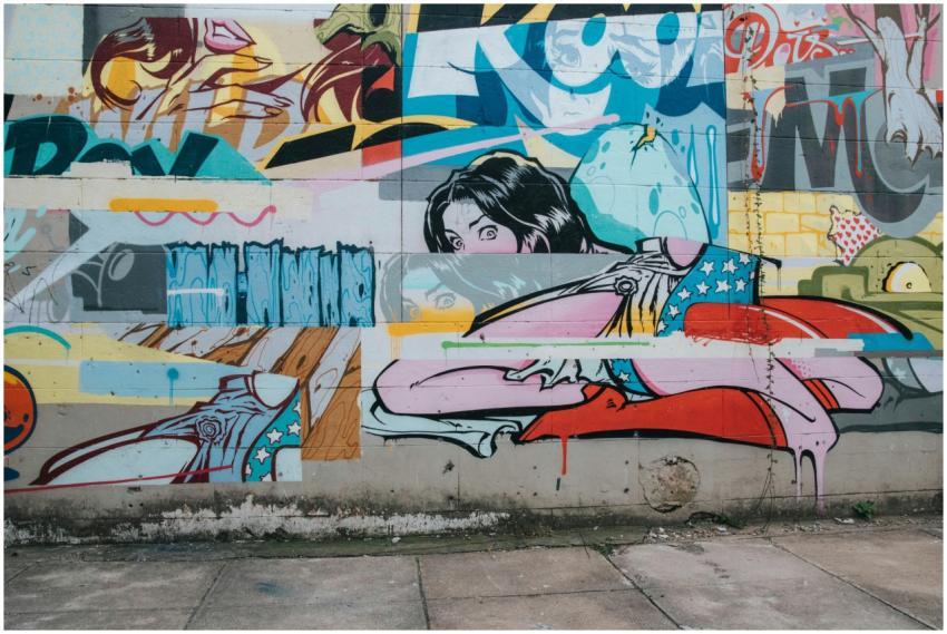 Vibrant street art mural featuring comic style ele