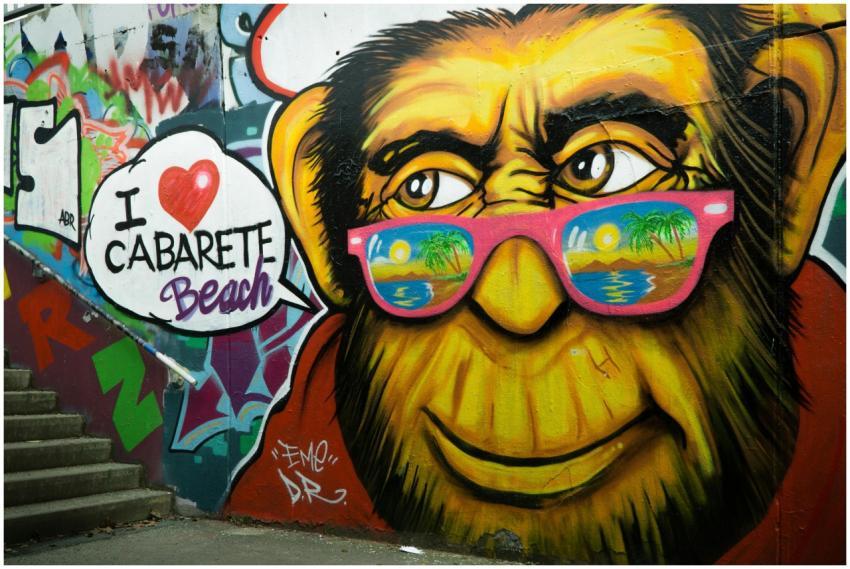 Colorful street art of a monkey with sunglasses on