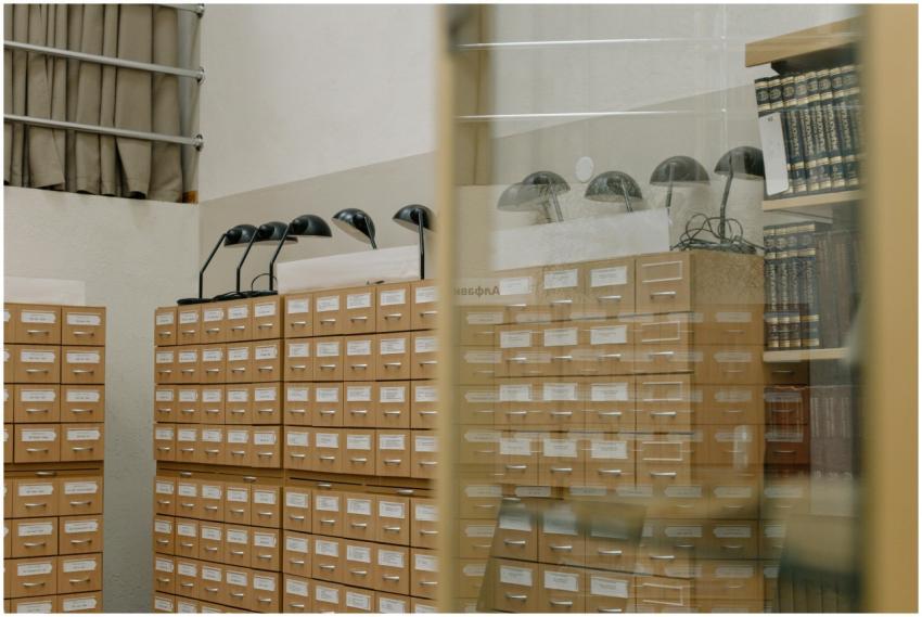 Vintage library card catalog with classic lamps, s