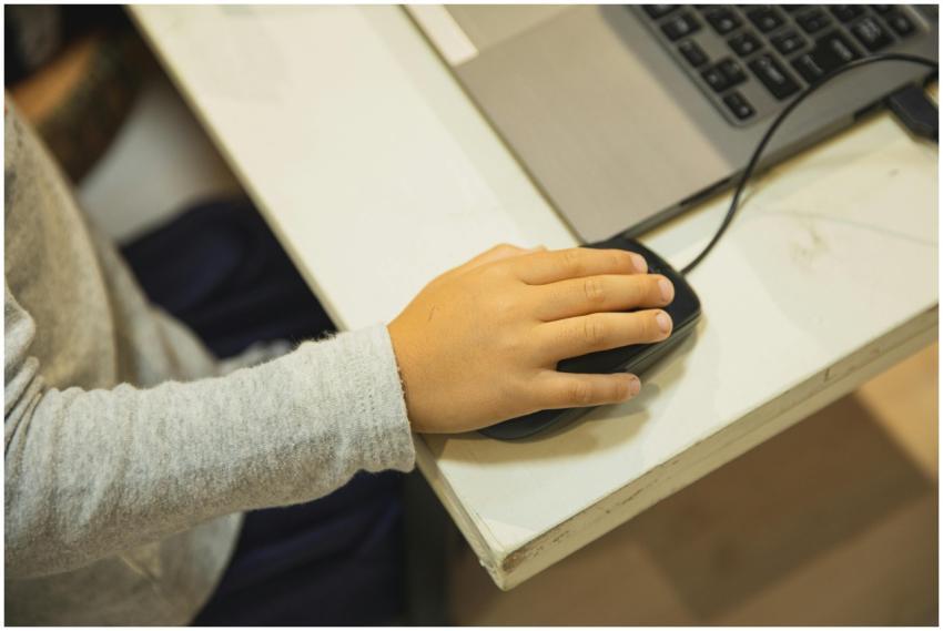 Close-up of a child's hand using a laptop and mous