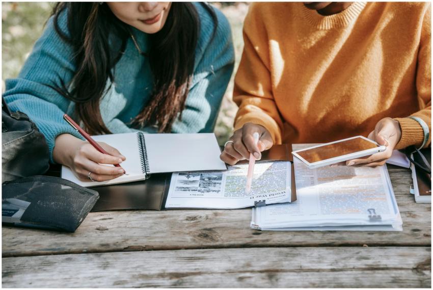 Two students studying together with textbooks and