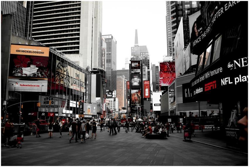 Dynamic scene of Times Square showcasing bustling