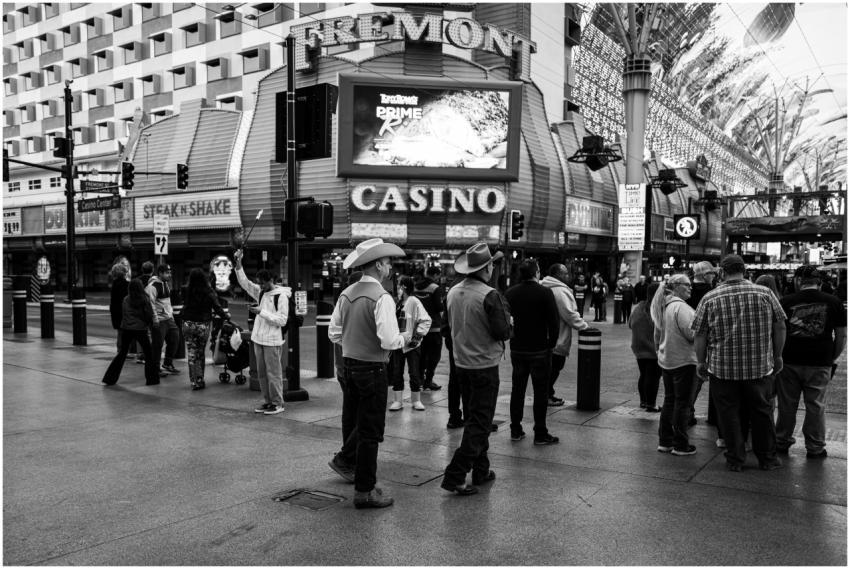 Black and white scene of people on Fremont Street