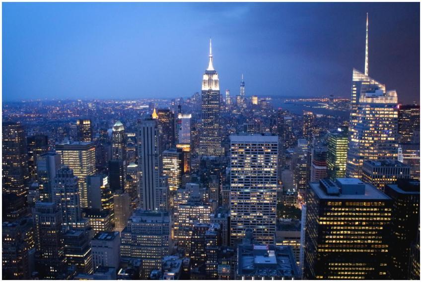 A stunning nighttime view of New York City skyline