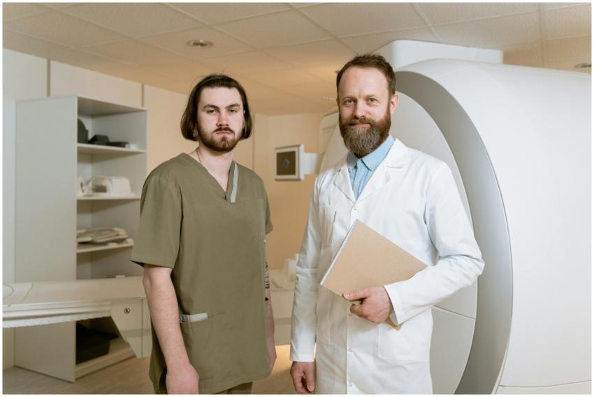 Two male radiologists standing by an MRI scanner i