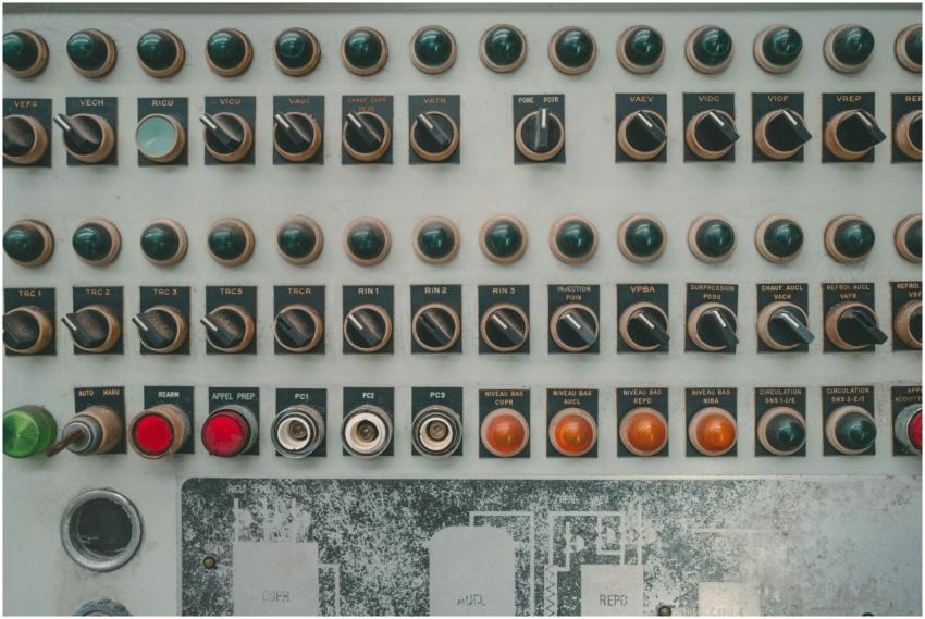 Close-up of a vintage industrial control panel wit