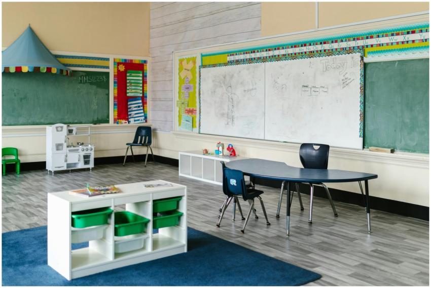 A vibrant kindergarten classroom equipped with des
