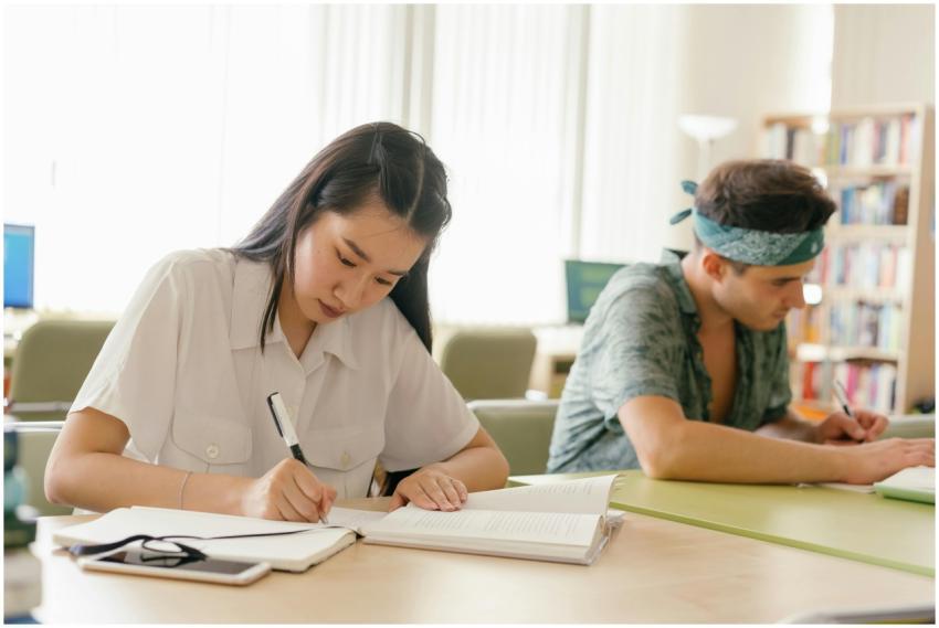 Asian woman and Caucasian man diligently studying