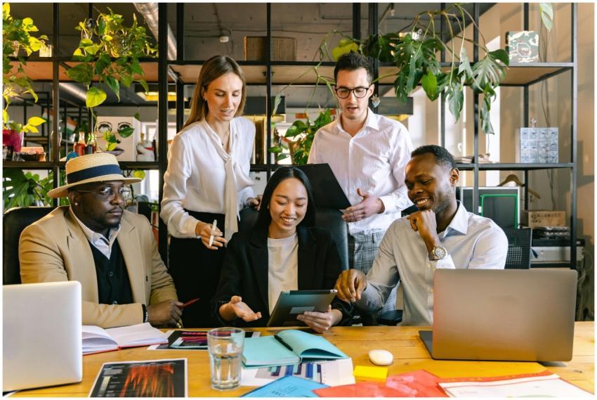 A group of diverse professionals working collabora