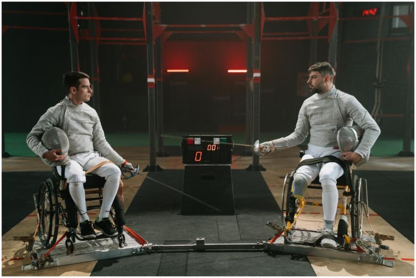 Adaptive fencing match between two athletes in whe