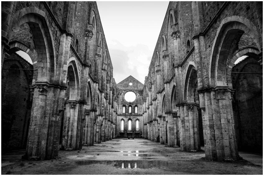 Black and white photo of the historical ruins of S
