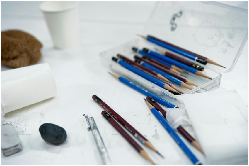 A collection of sketching tools and art supplies a