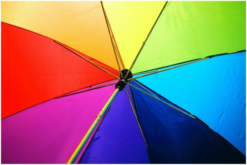 A close-up of a colorful rainbow umbrella showcasi