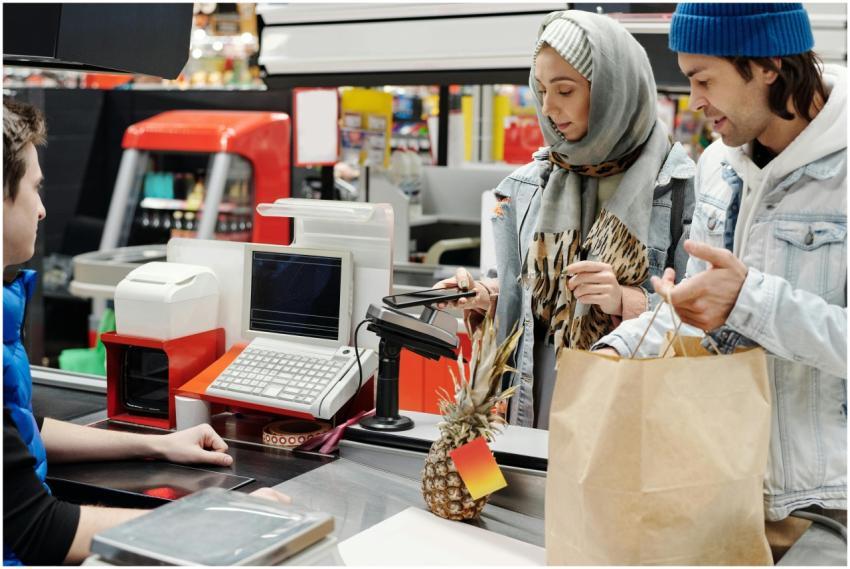 A couple in a supermarket checkout using mobile pa