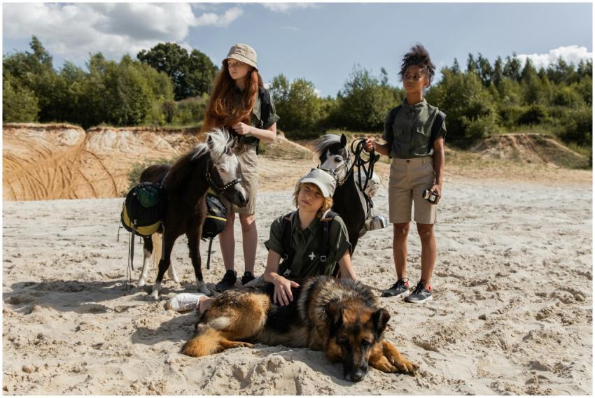 Young explorers with ponies and a dog on a sandy t