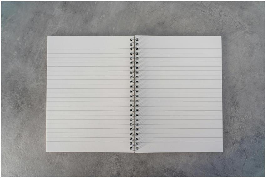 Top-down view of an open spiral notebook with line