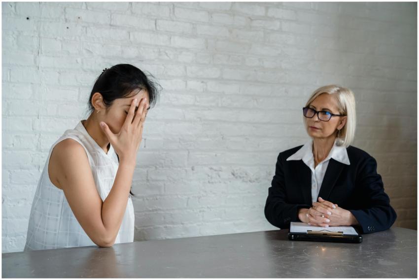 A therapist listens to a patient in an office duri