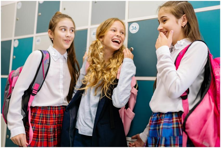 Three girls in school uniforms laughing and talkin