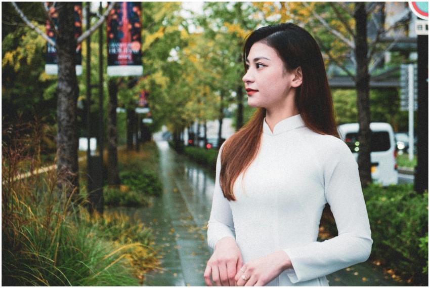 Asian Woman Strolling Autumn