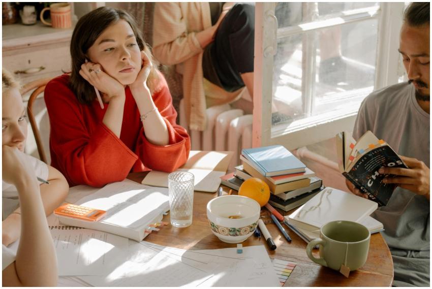 A group of students studying together in a cozy ro