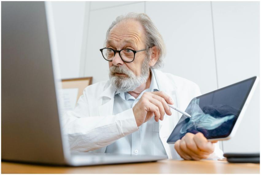 A senior doctor in a white coat explaining an X-ra
