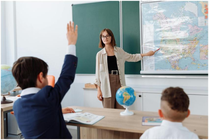A teacher explaining geography with a map to stude