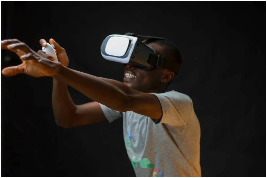 African American man engaged with VR headset in st