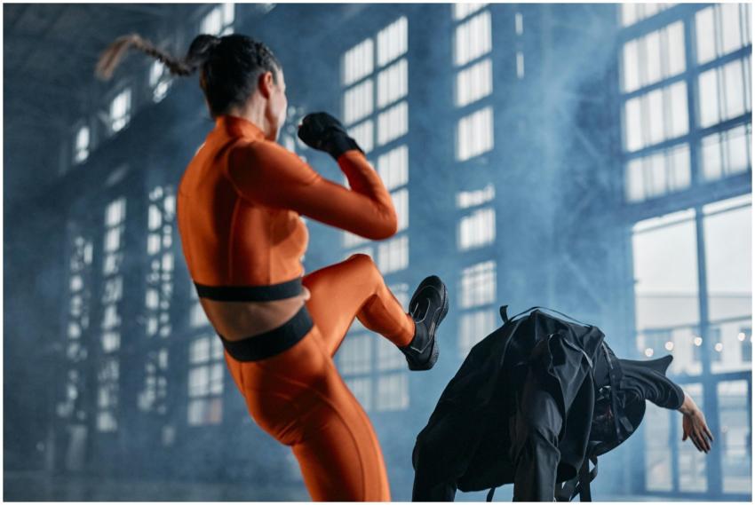 Intense action shot of martial artists engaging in