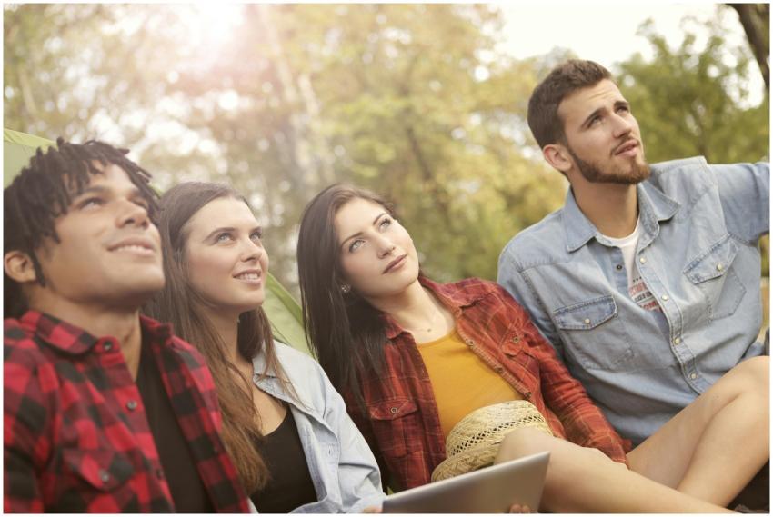 Four young friends relaxing and enjoying the outdo