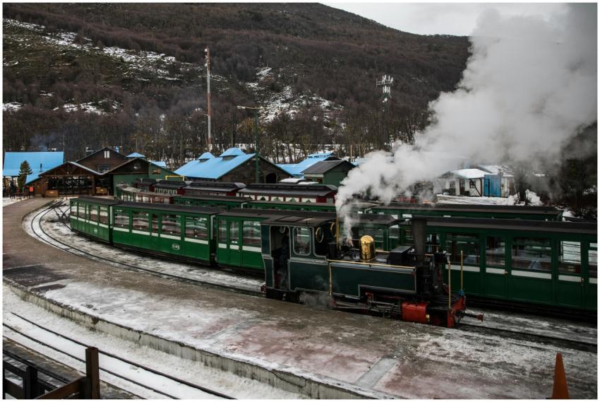 A steam train at Ushuaia station in winter, showca