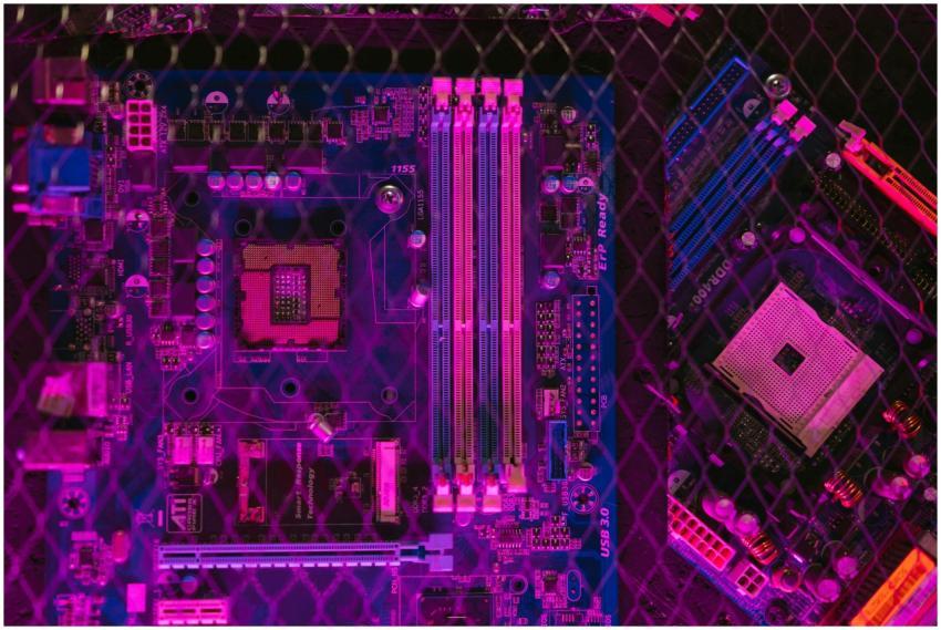 Close-up of a colorful motherboard showcasing intr