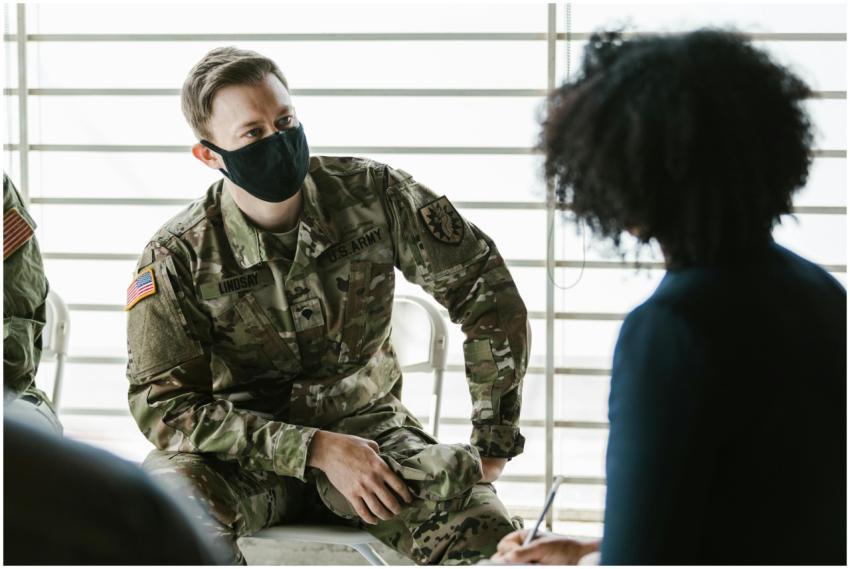 US Army soldier in a counseling session discussing